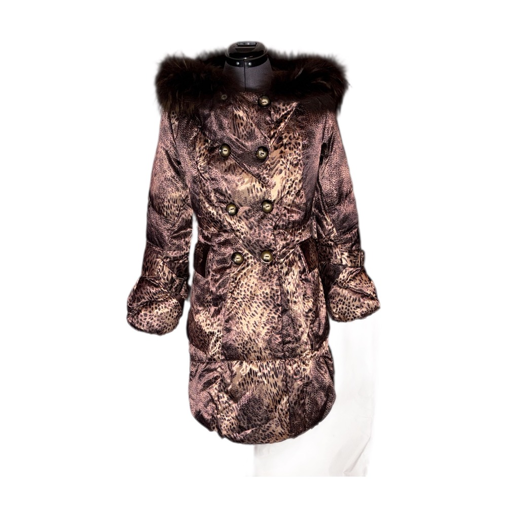 Tuleh Y2K Leopard Print Real Fur Trim Hooded Trench Coat M B35 W31 H38 DAMAGED
